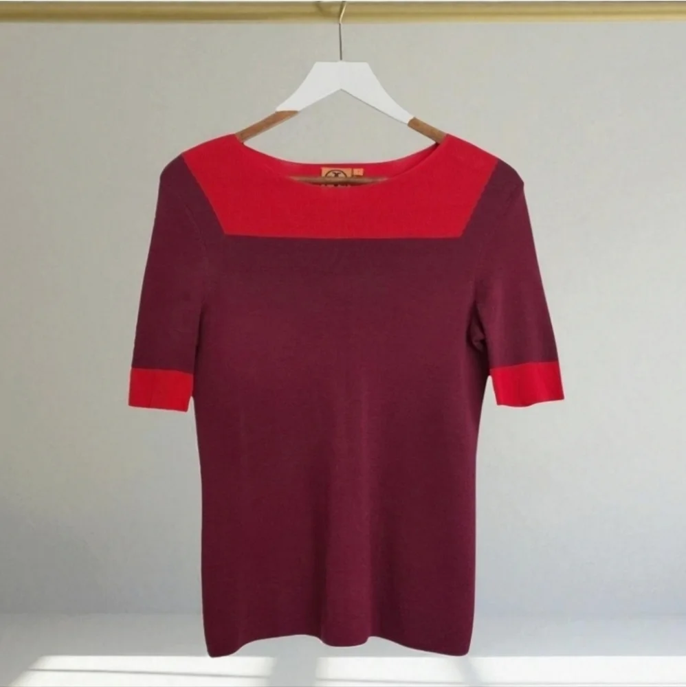 Tory Burch Wool Blend Boatneck Sweater Womens Size Small Colorblock Red Purple